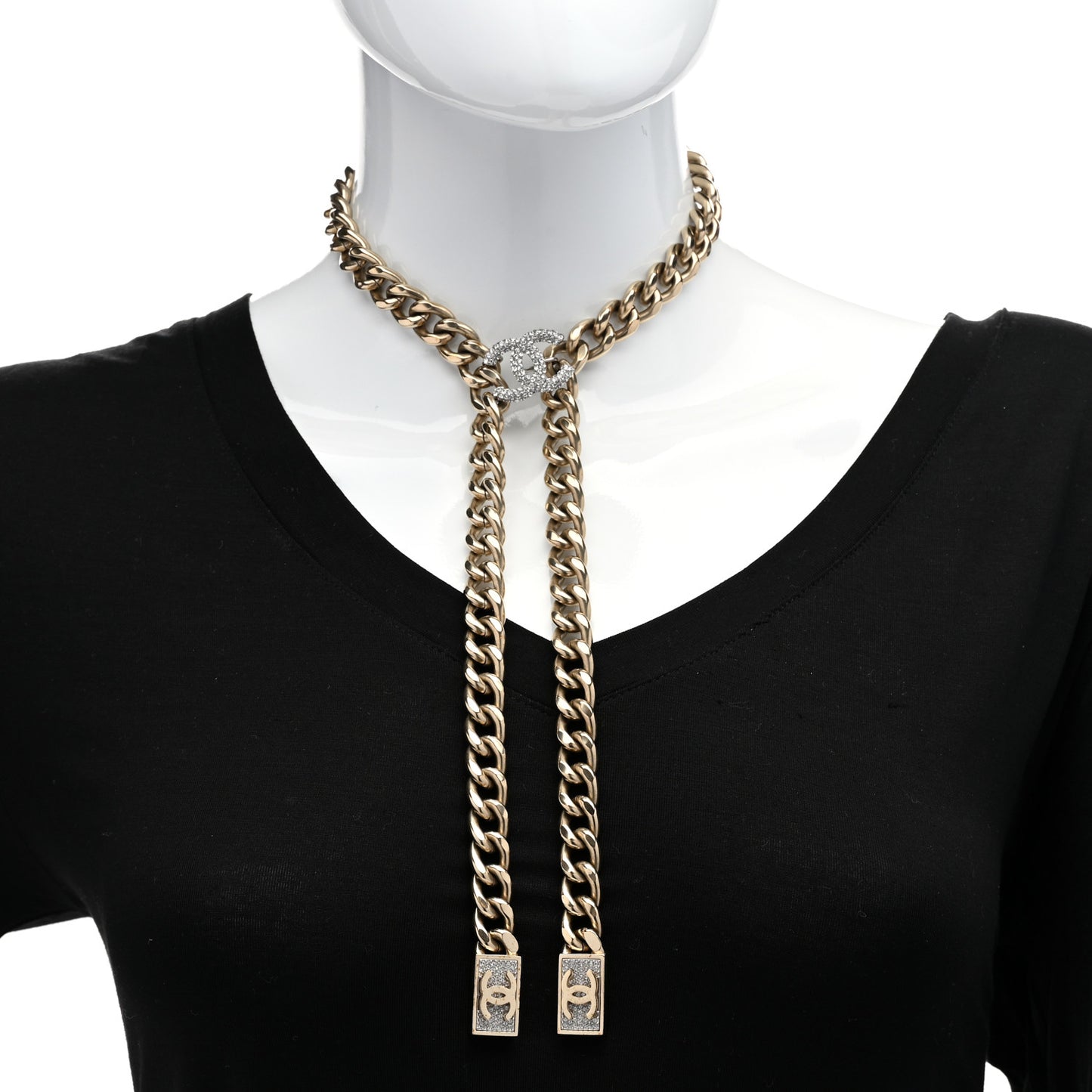 Chain Link Crystal CC Dog Tag Charm Necklace Gold