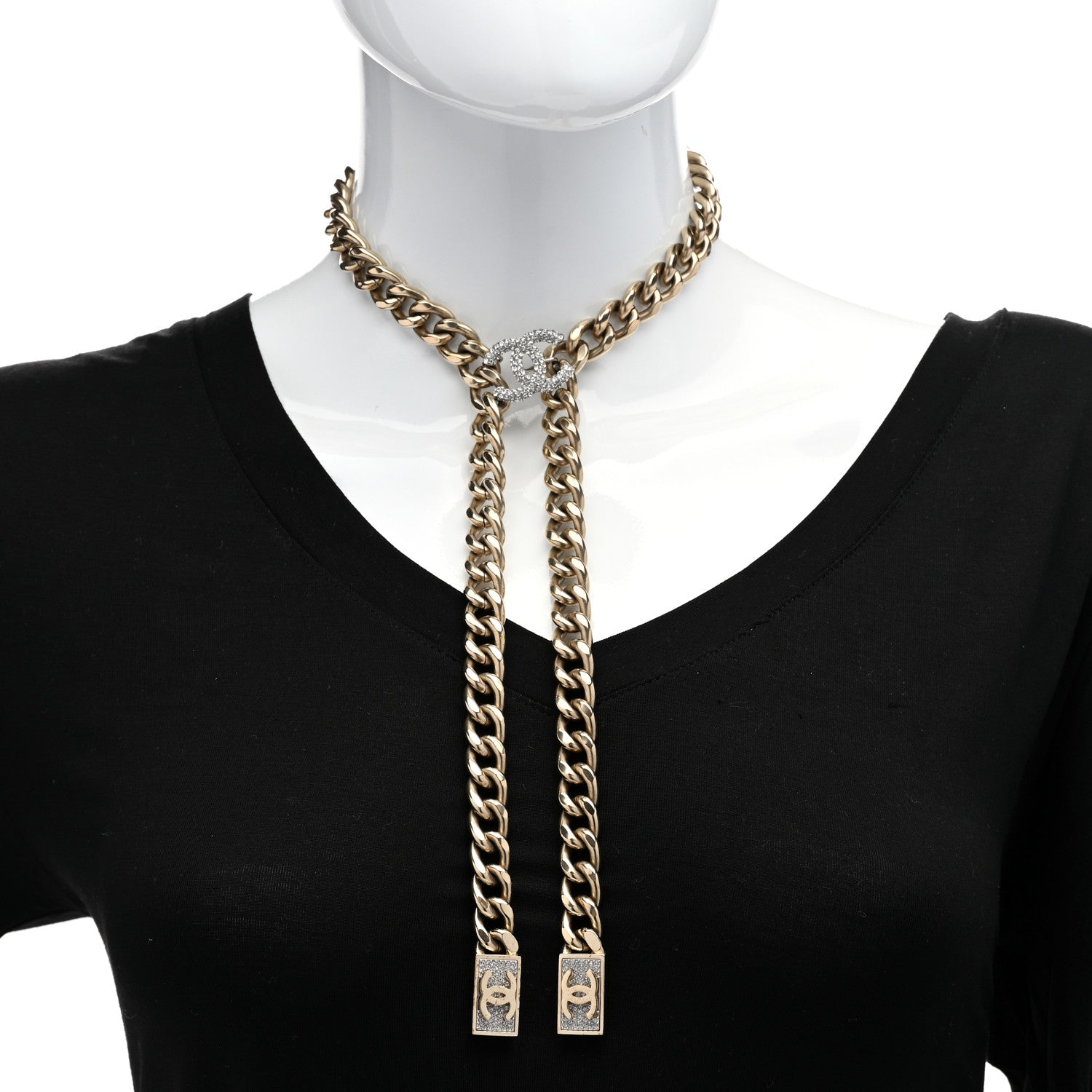 Chanel Chain Link Crystal CC Dog Tag Charm Necklace Gold 2 of 5