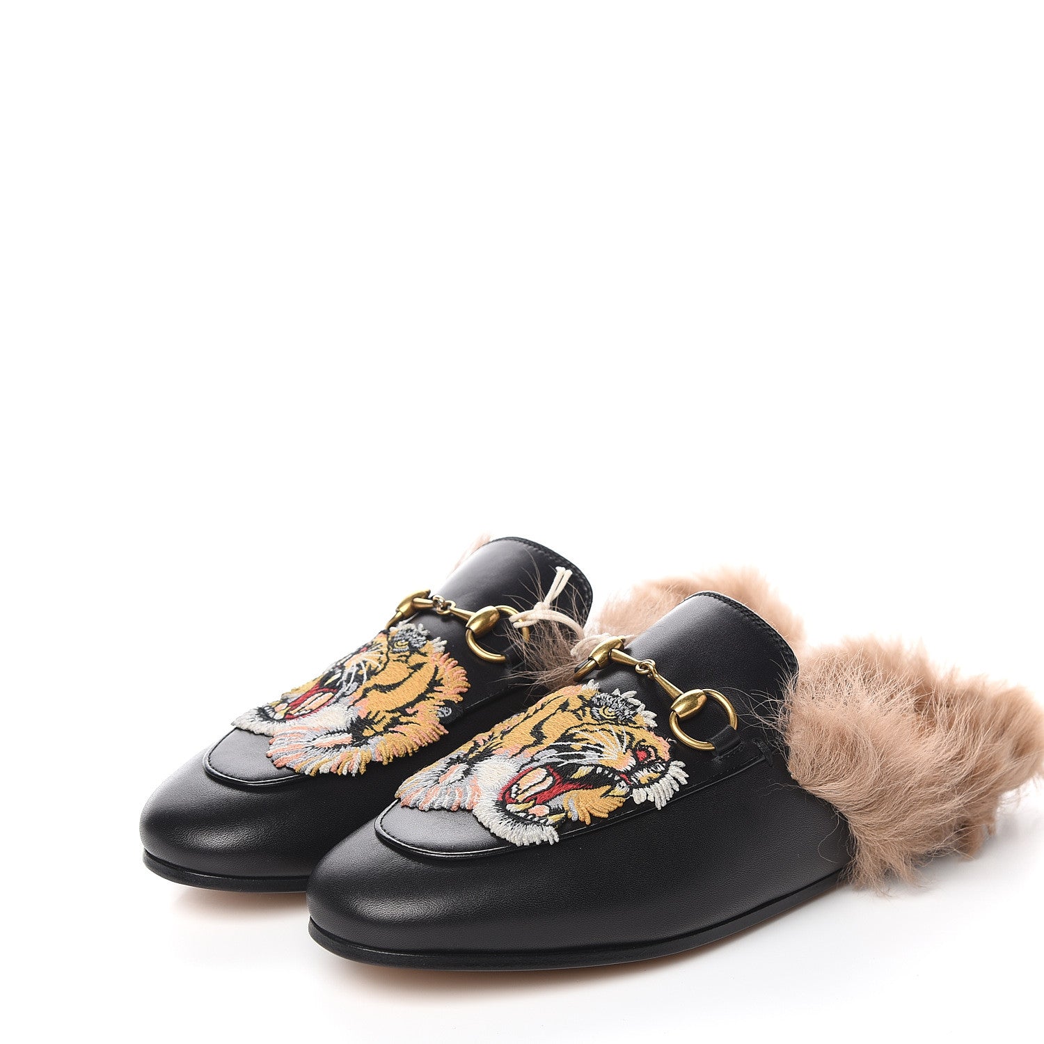 Gucci Calfskin Lambswool Tiger Embroidered Womens Princetown Slippers 36 Black 3 of 8