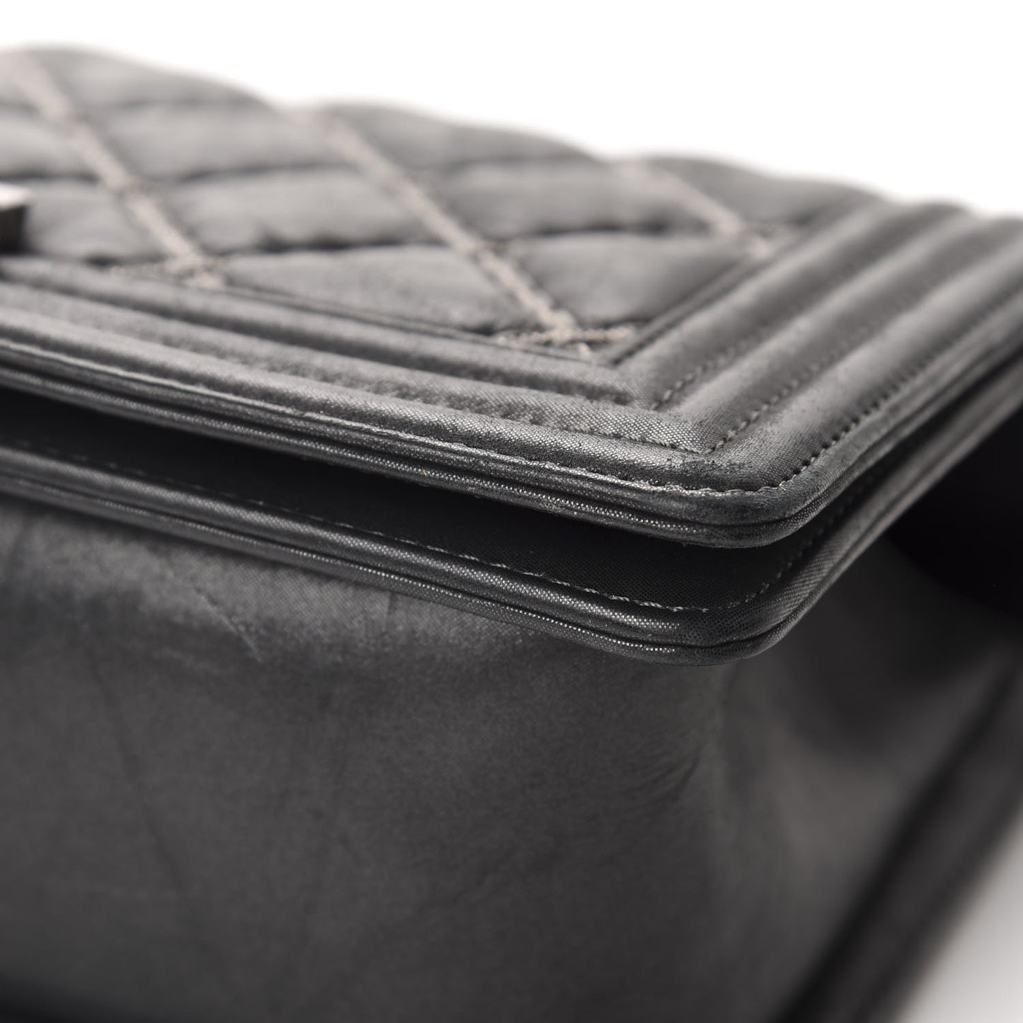 Iridescent Calfskin Embellished Double Stitch Medium Boy Flap Black