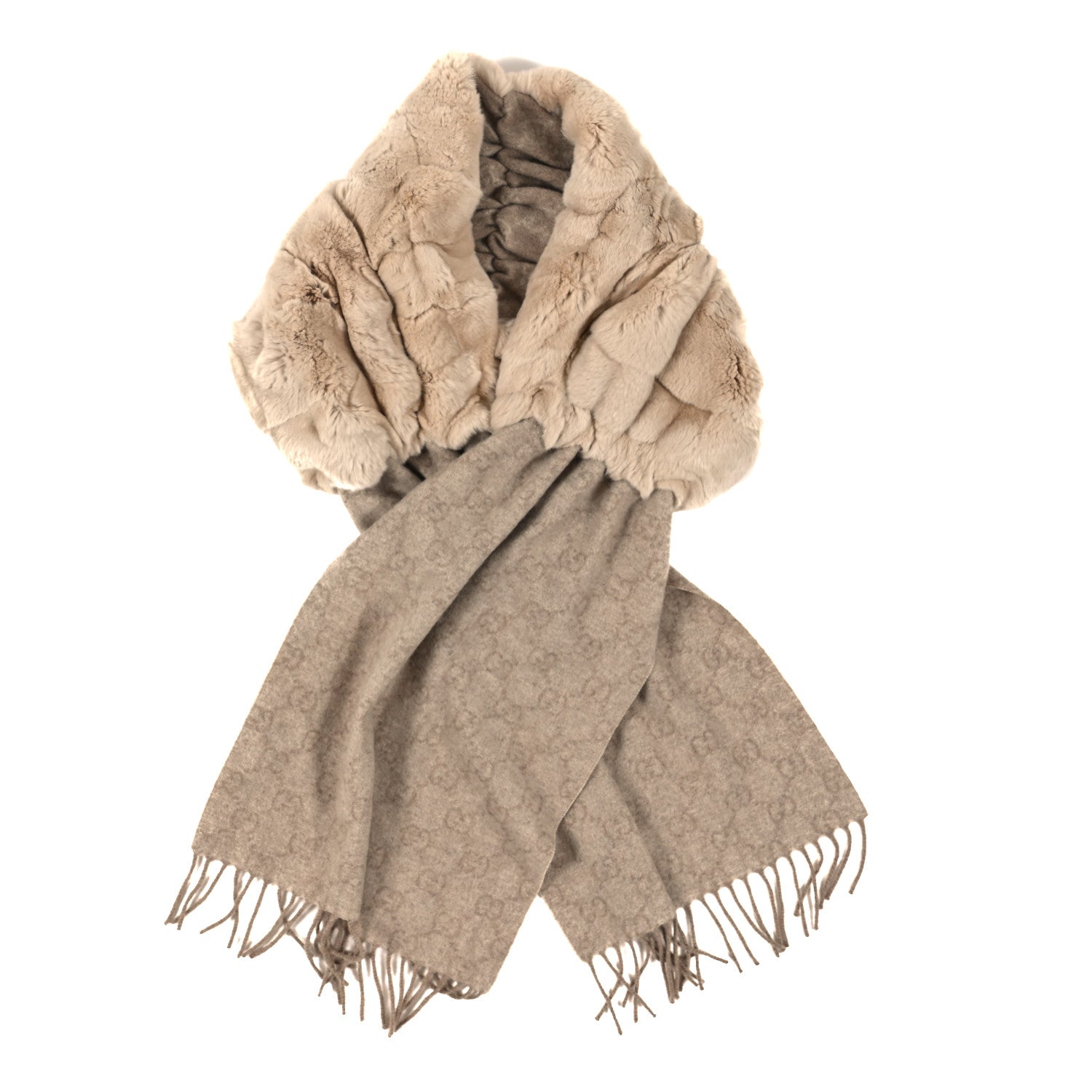 Gucci Cashmere Rabbit Fur Monogram Fringe Scarf Beige 1 of 3