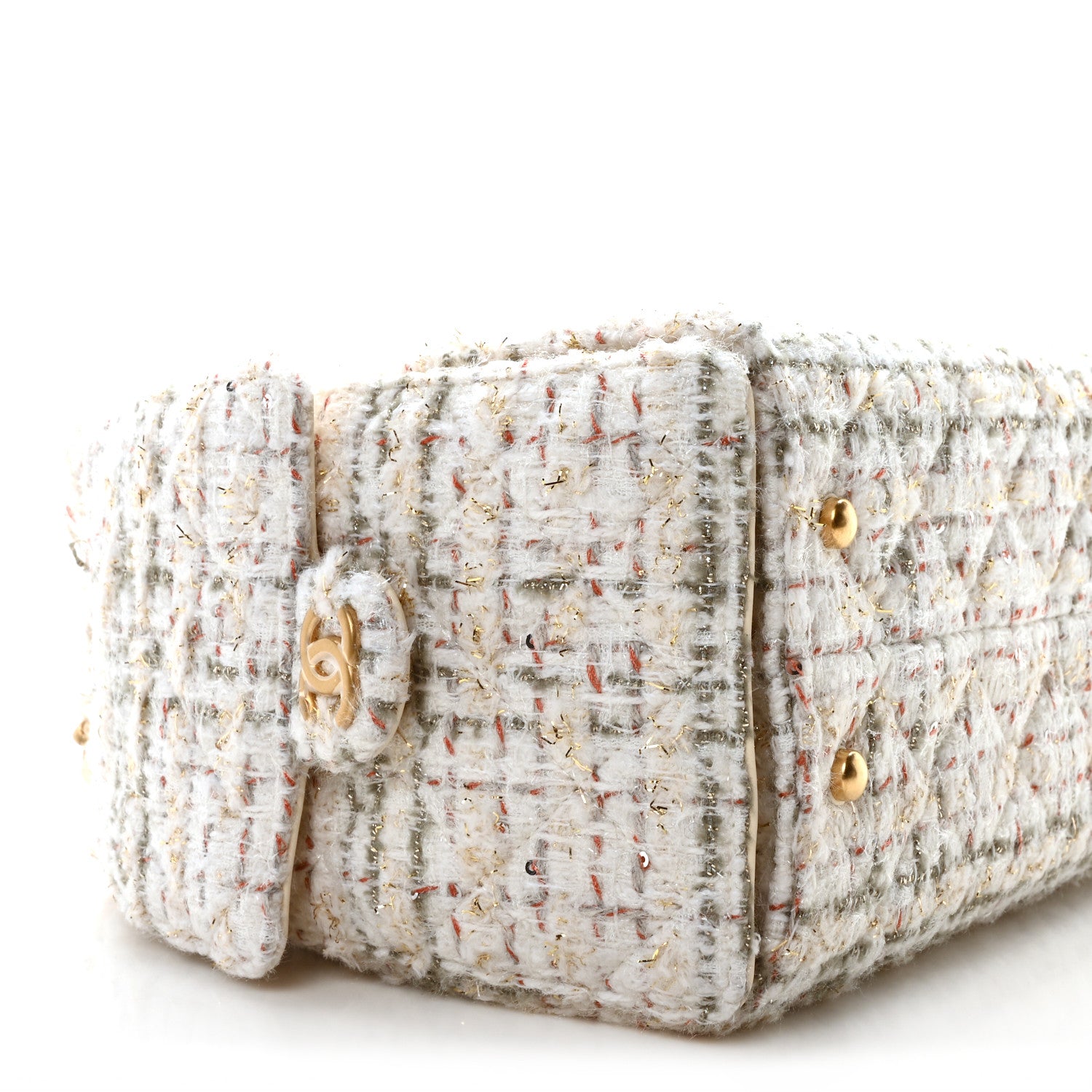 Chanel Tweed Quilted Small Chanel 25 Handbag Ecru Khaki Gold Red 9 of 11