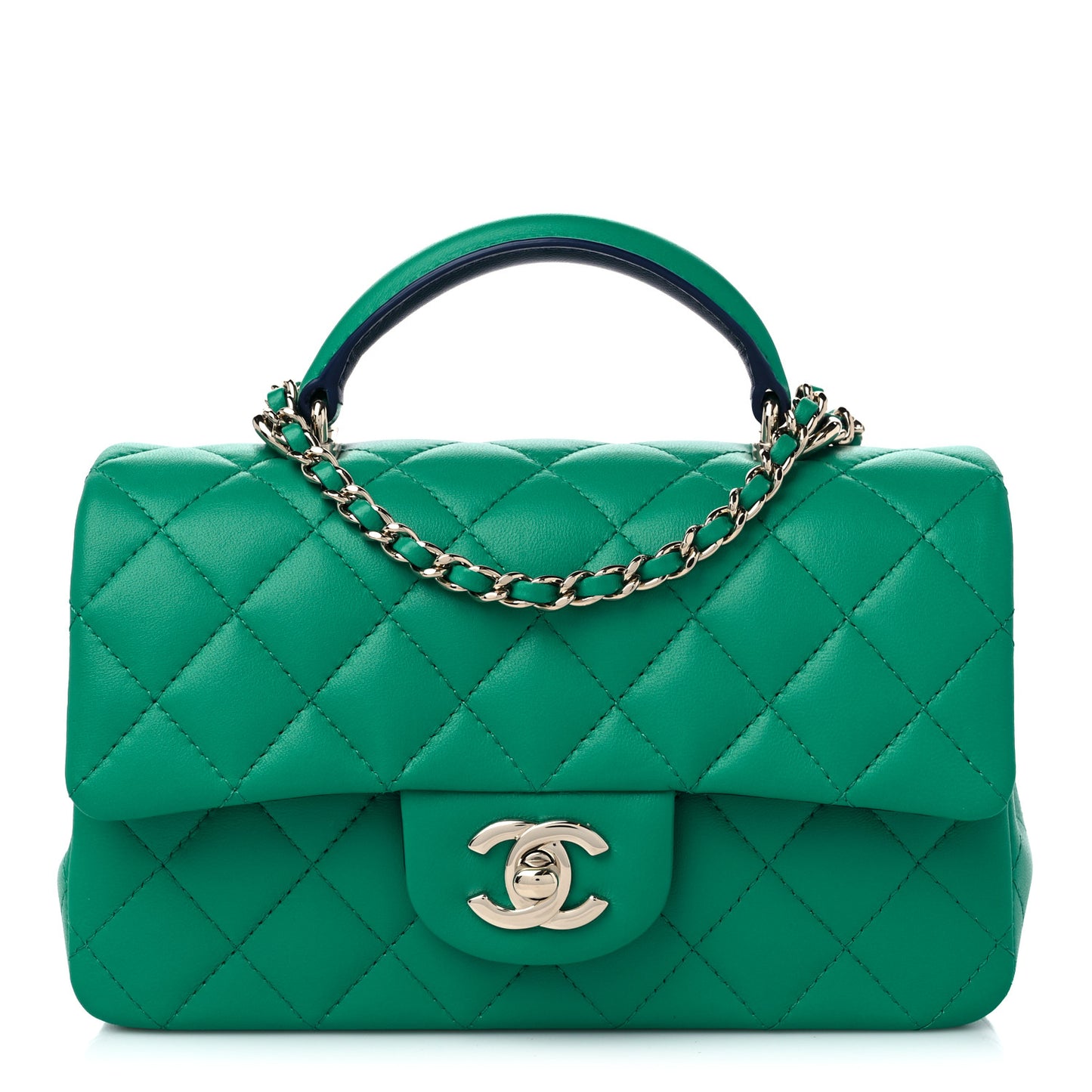 Lambskin Quilted Bi-Color Mini Top Handle Rectangular Flap Green Dark Blue