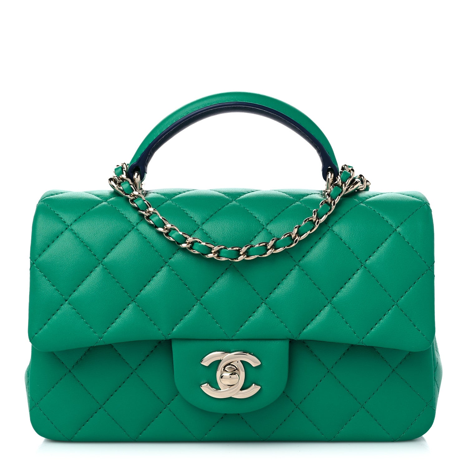 Chanel Lambskin Quilted Bi-Color Mini Top Handle Rectangular Flap Green Dark Blue 1 of 10