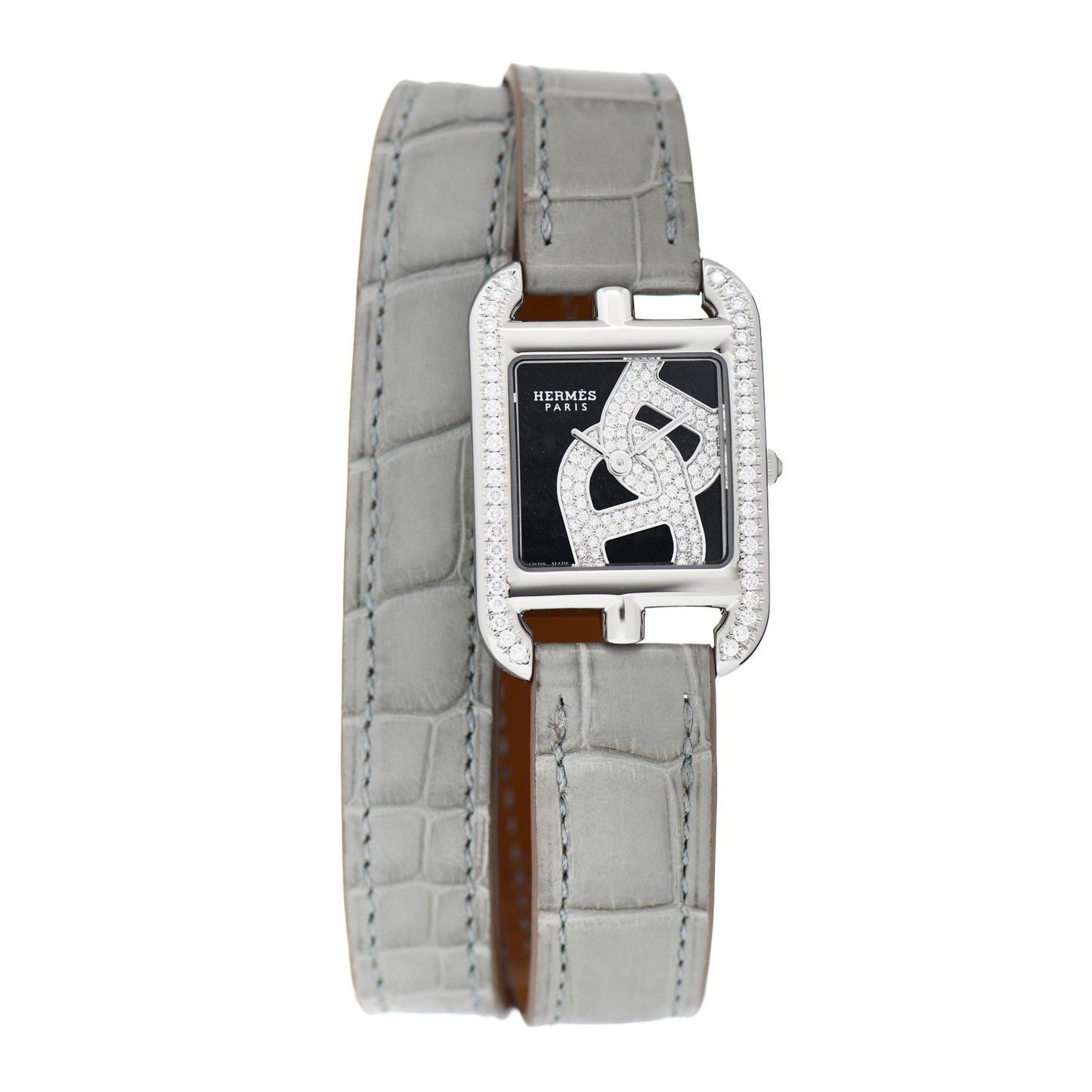 Stainless Steel Alligator Diamond Bezel 23mm Cape Cod Double Tour Chaine d'Ancre Joaillier Quartz Watch Gris Perle