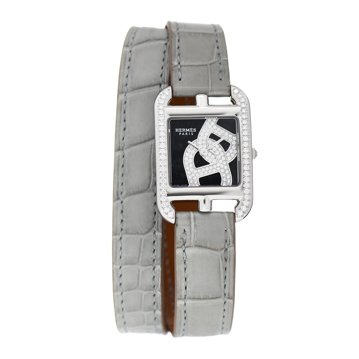 Hermes Stainless Steel Alligator Diamond Bezel 23mm Cape Cod Double Tour Chaine d'Ancre Joaillier Quartz Watch Gris Perle 1 of 5