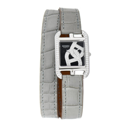 Hermes Stainless Steel Alligator Diamond Bezel 23mm Cape Cod Double Tour Chaine d'Ancre Joaillier Quartz Watch Gris Perle 1 of 5