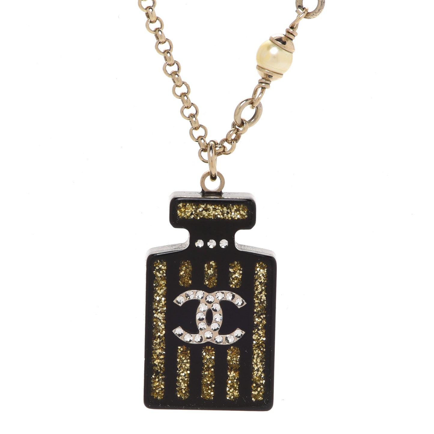 Resin Strass Perfume Bottle CC Necklace Black Gold