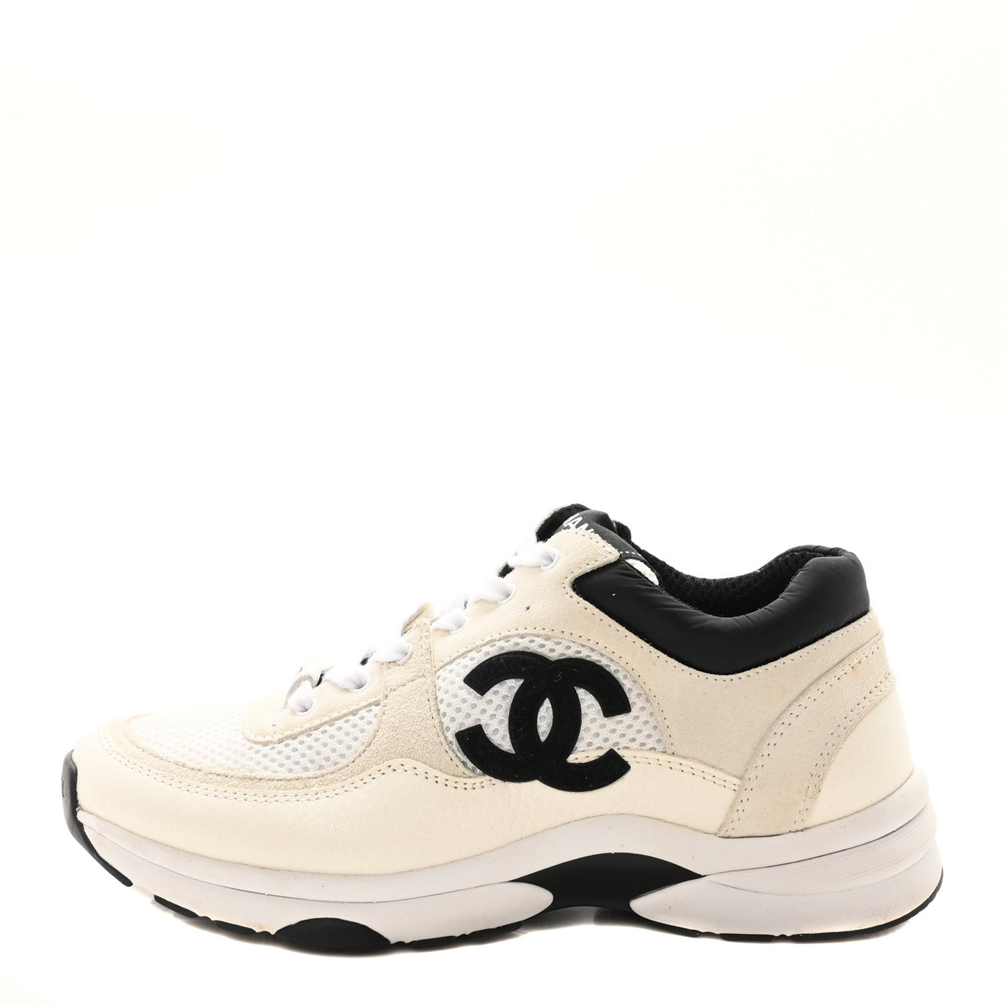 Mesh Suede Grained Calfskin Womens CC Sneakers 37.5 White Black