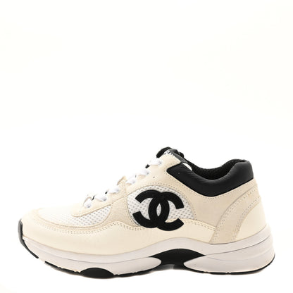 Chanel Mesh Suede Grained Calfskin Womens CC Sneakers 37.5 White Black 1 of 9