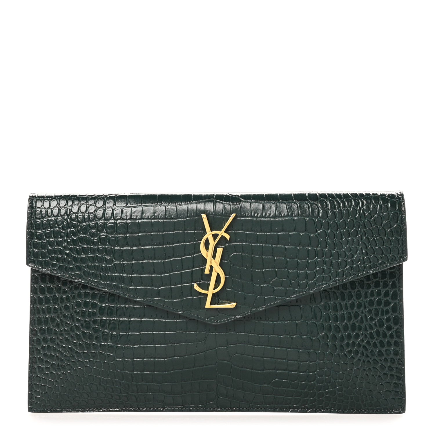 Saint Laurent Calfskin Crocodile Embossed Uptown Monogram Pouch Mint 1 of 6
