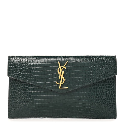 Saint Laurent Calfskin Crocodile Embossed Uptown Monogram Pouch Mint 1 of 6