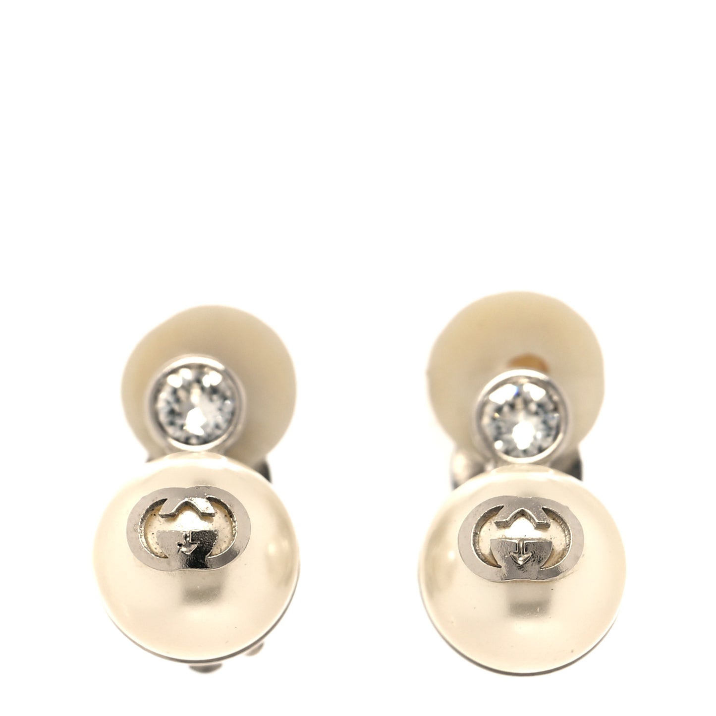 Metal Pearl Crystal Interlocking G Clip On Earrings Silver