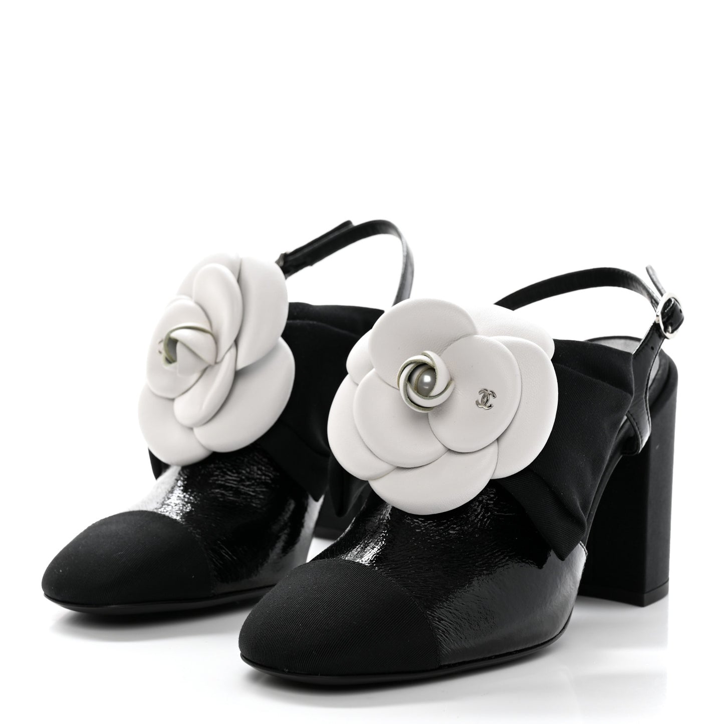 Crumpled Shiny Fabric Grosgrain Cap Toe Camellia Bow Slingback Pumps 36.5 Black