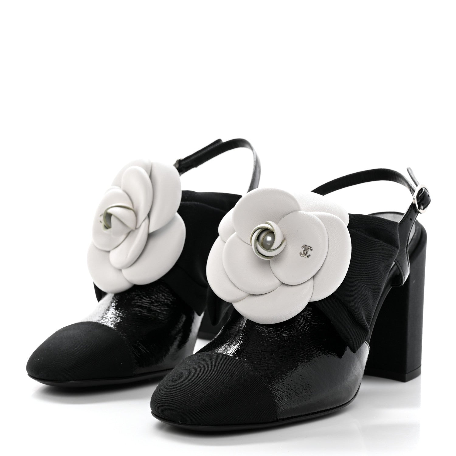 Chanel Crumpled Shiny Fabric Grosgrain Cap Toe Camellia Bow Slingback Pumps 36.5 Black 3 of 9