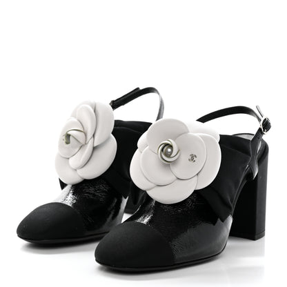 Chanel Crumpled Shiny Fabric Grosgrain Cap Toe Camellia Bow Slingback Pumps 36.5 Black 3 of 9