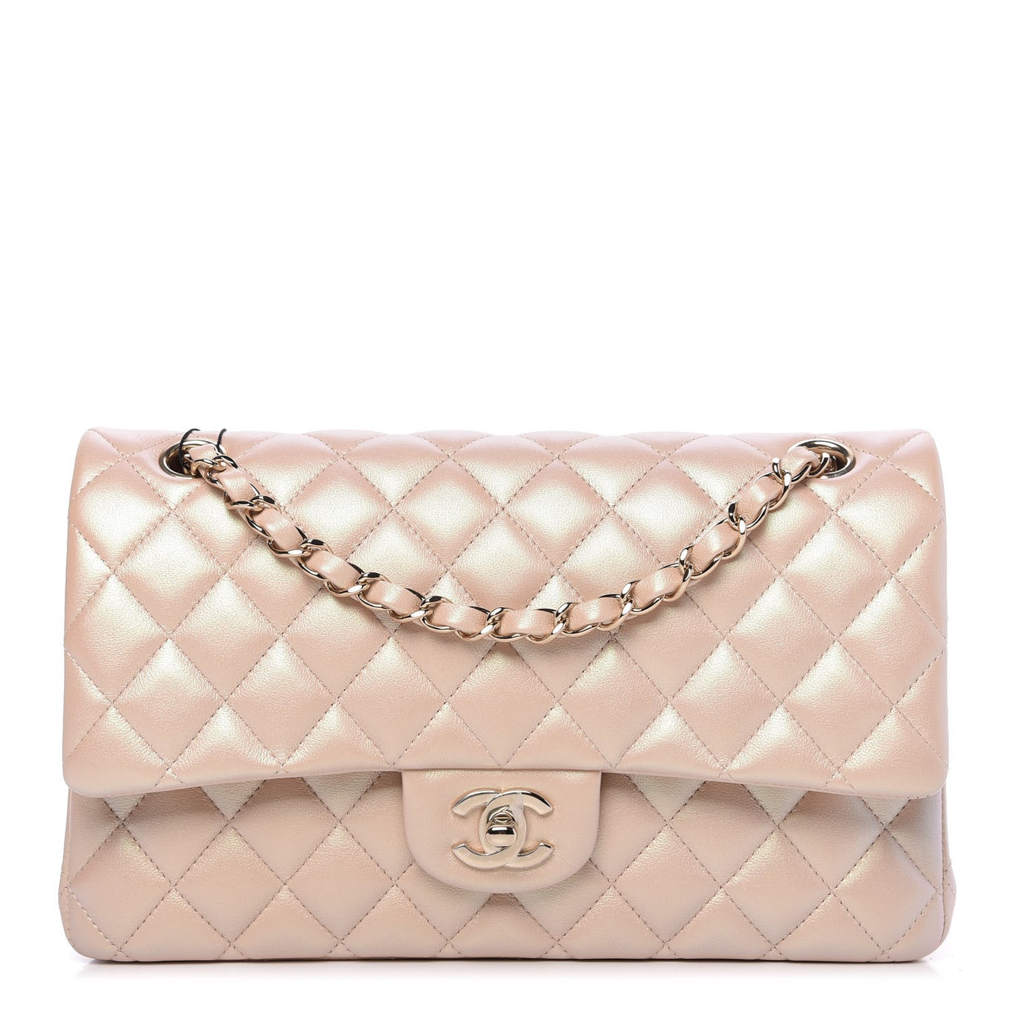 Iridescent Calfskin Quilted Medium Double Flap Beige