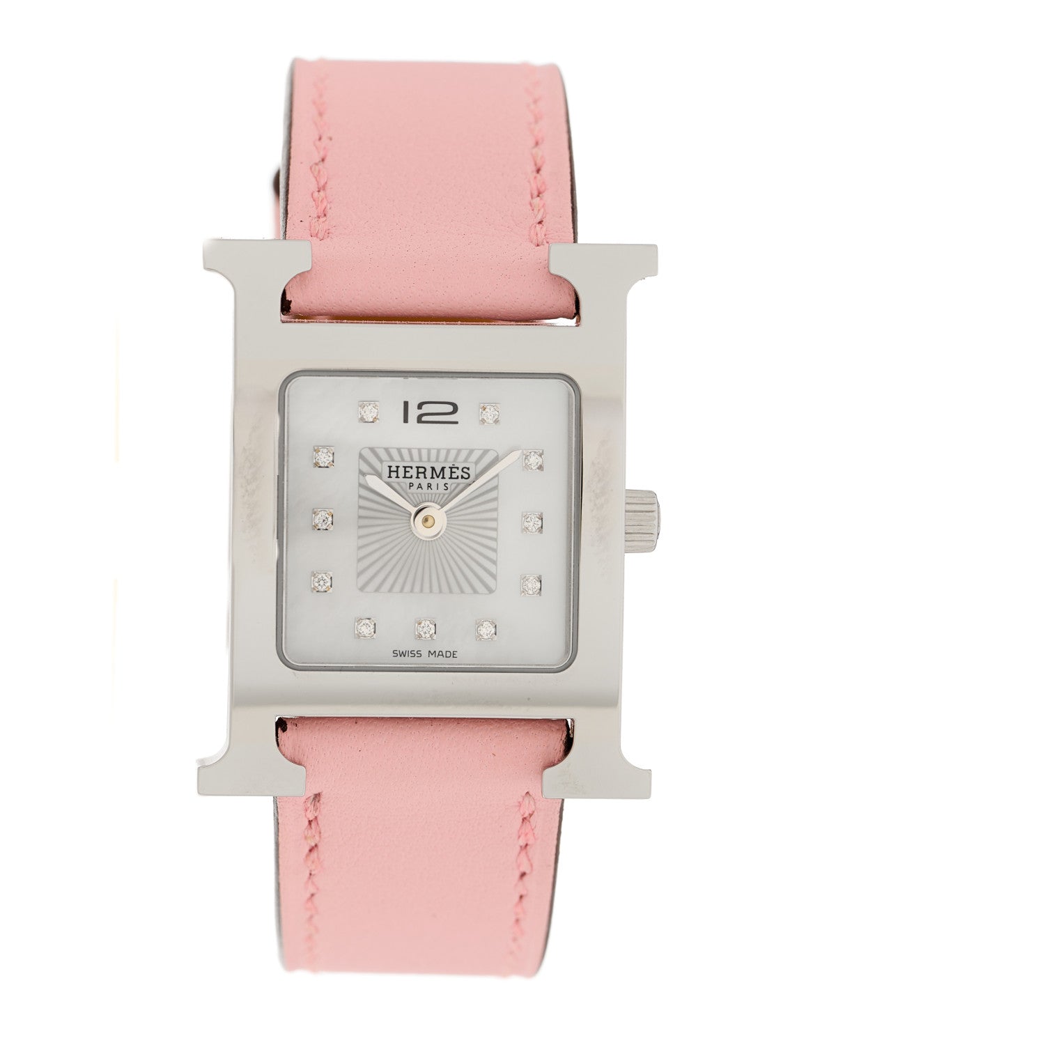 Hermes Stainless Steel Swift Diamond Mother of Pearl 21mm Heure H Hour Quartz Watch Rose Sakura 1 of 5