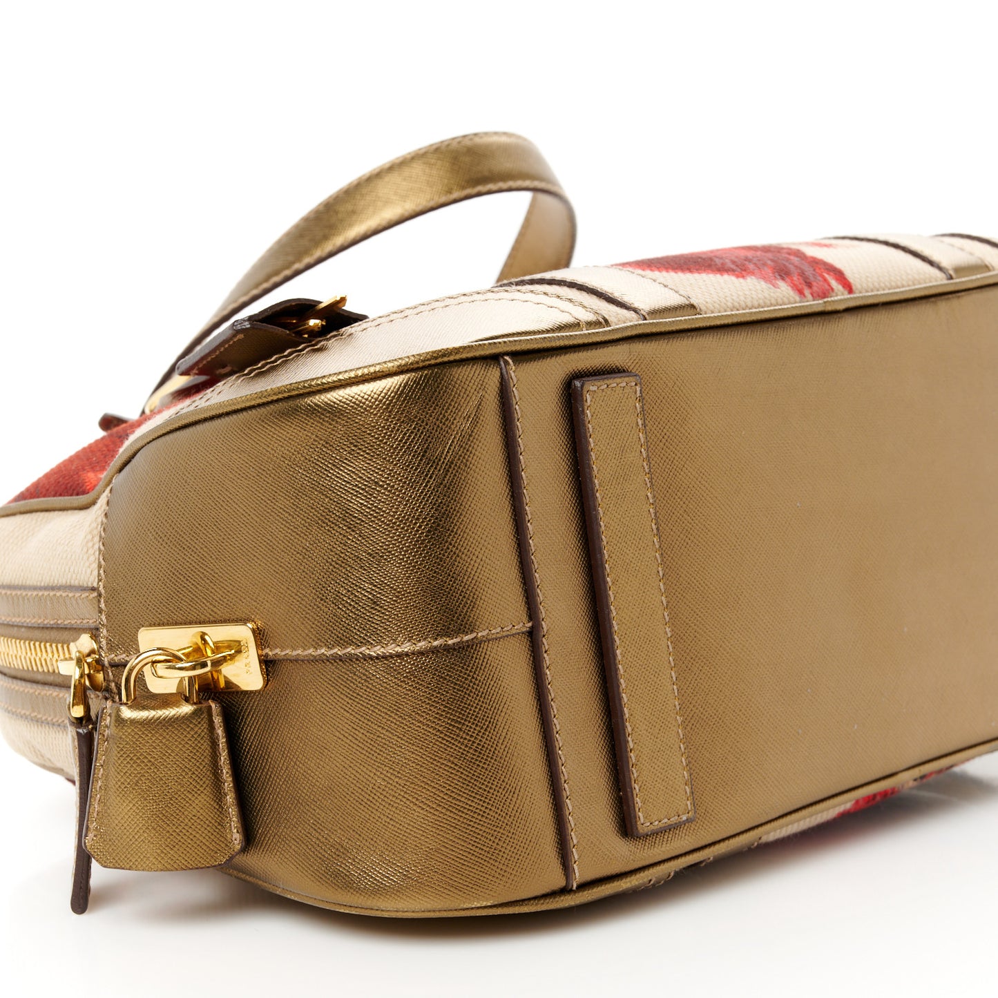 Metallic Saffiano Canvas Rose Print Top Handle Bag Corda Rosso