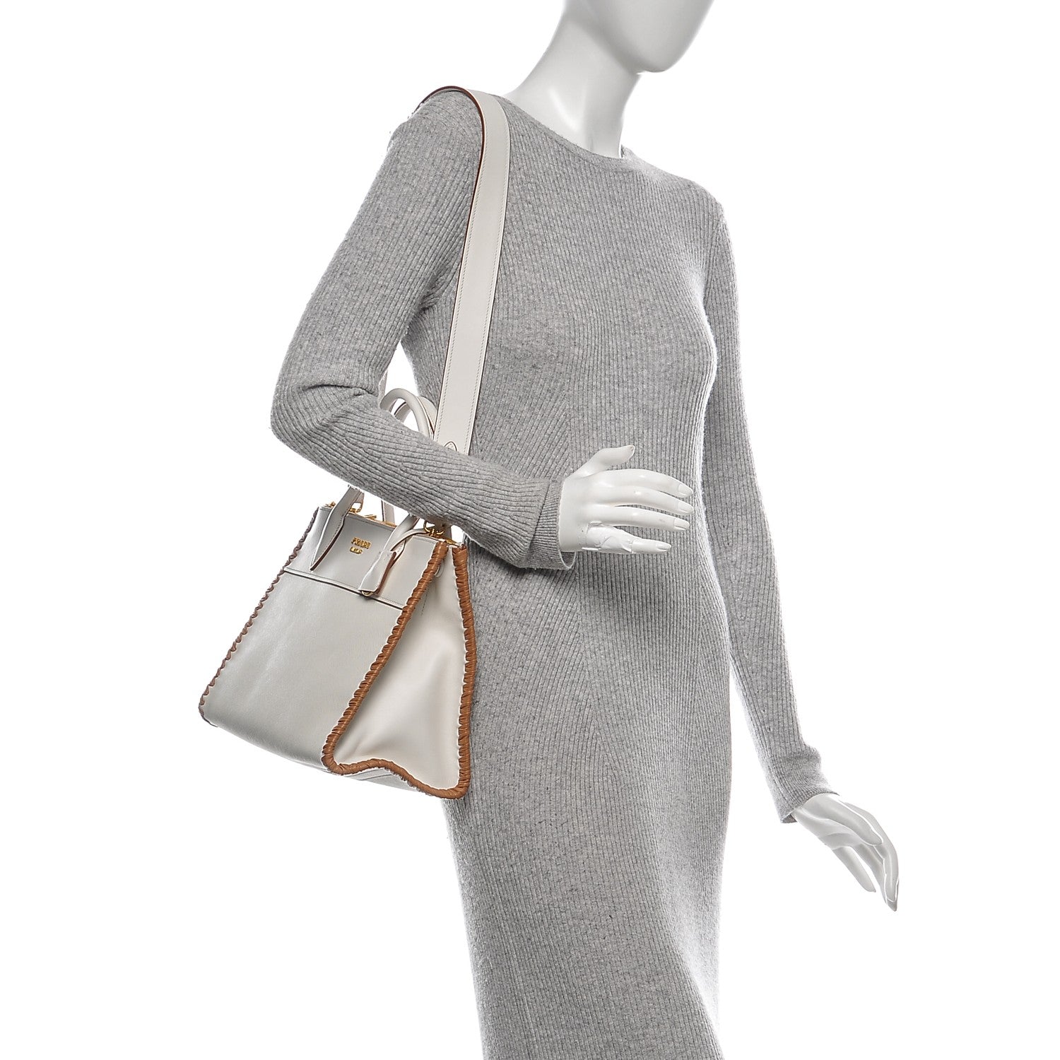 Prada Saffiano Whipstitch Medium Paradigme Bag White Caramel 2 of 7