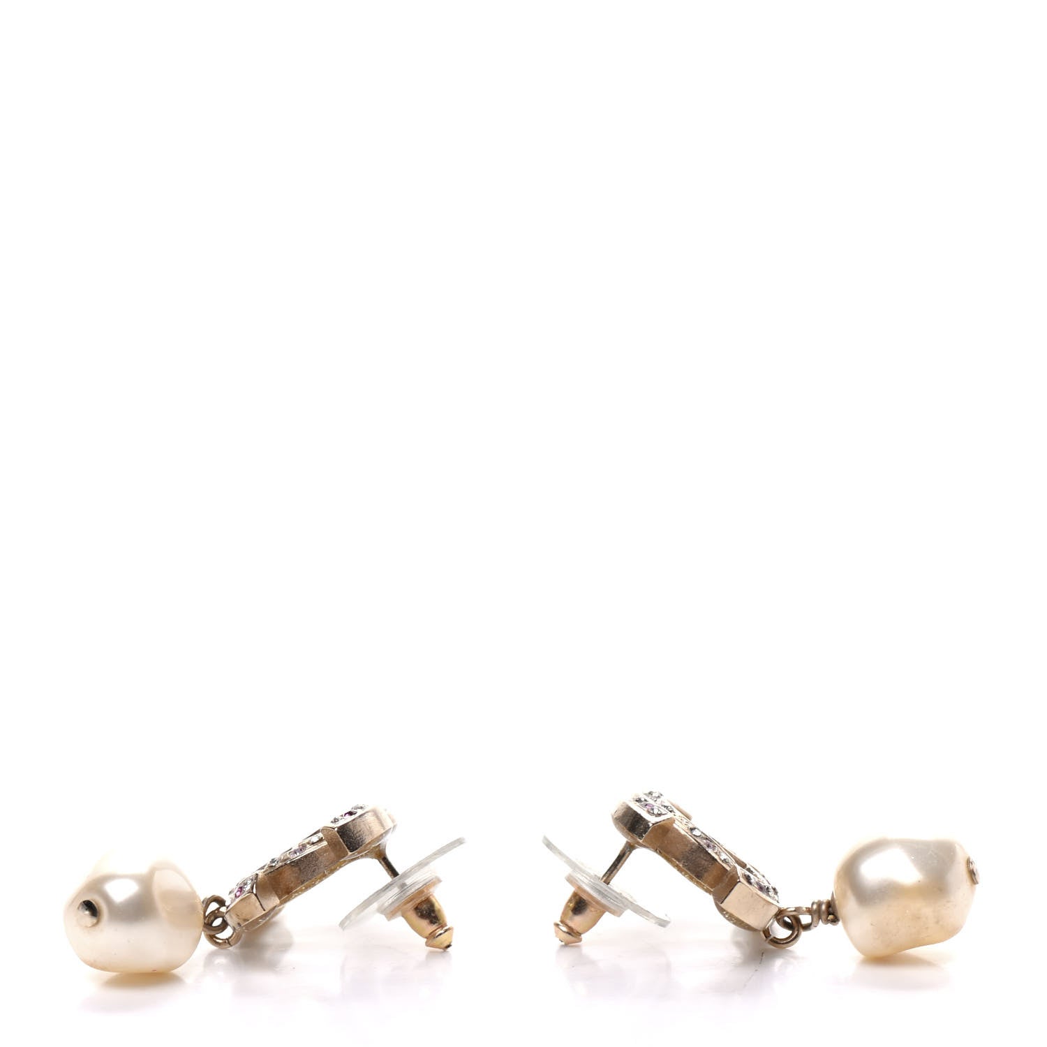 Chanel Crystal Pearl CC Drop Earrings Gold Pink 3 of 4
