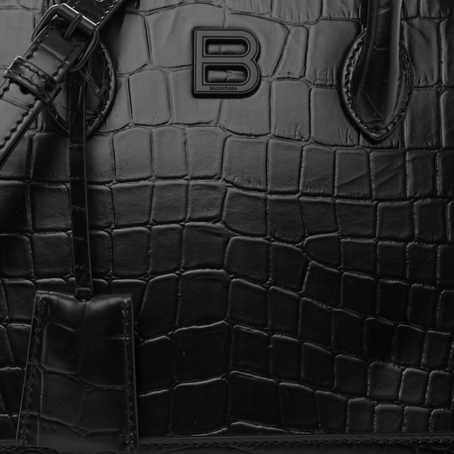 Calfskin Crocodile Embossed S Rivet Ville Top Handle Bag Black
