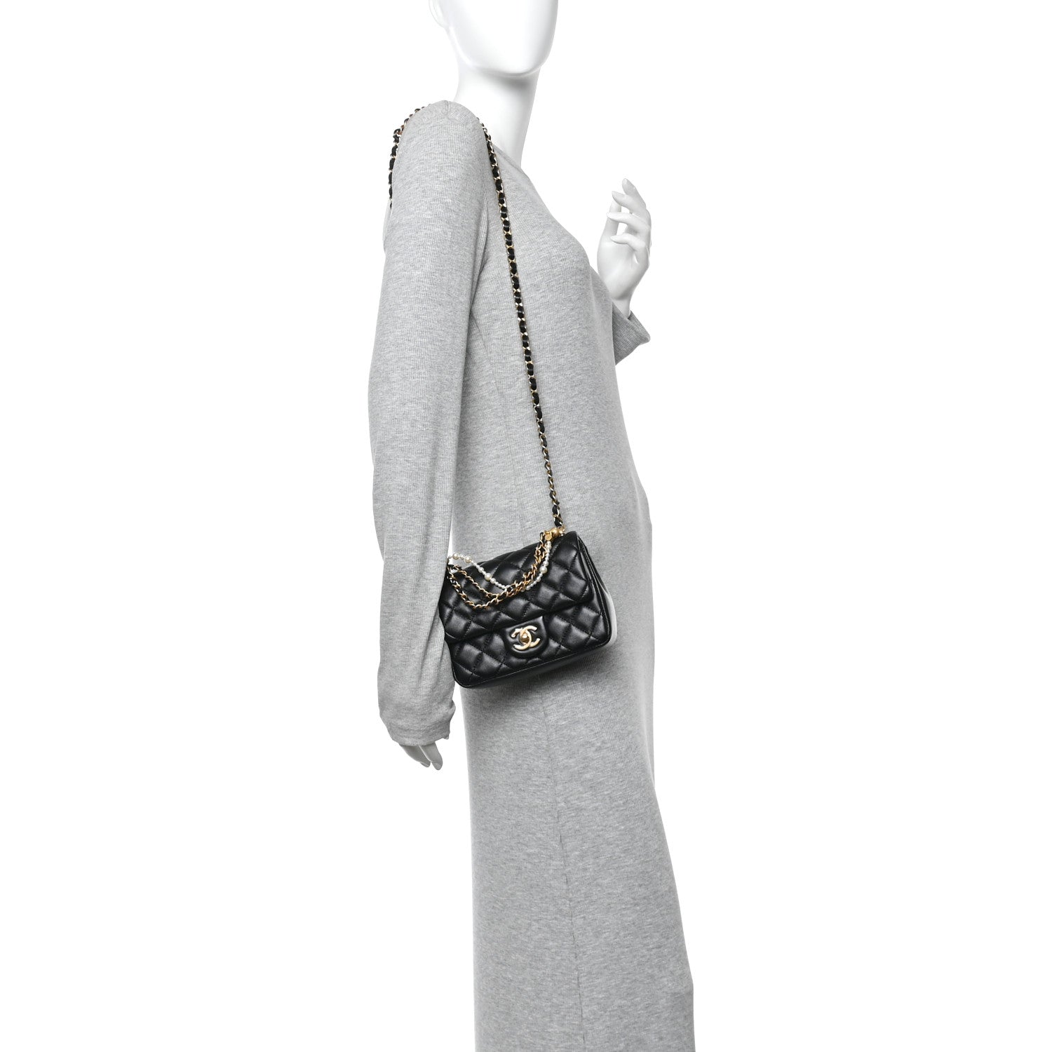 Chanel Shiny Lambskin Quilted Pearl Twist Mini Square Flap Black