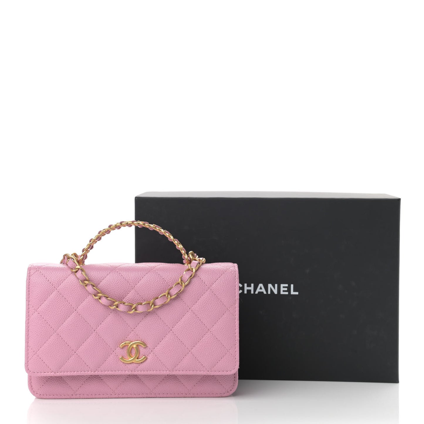 Shiny Caviar Quilted Pick Me Up Wallet On Chain WOC Pink