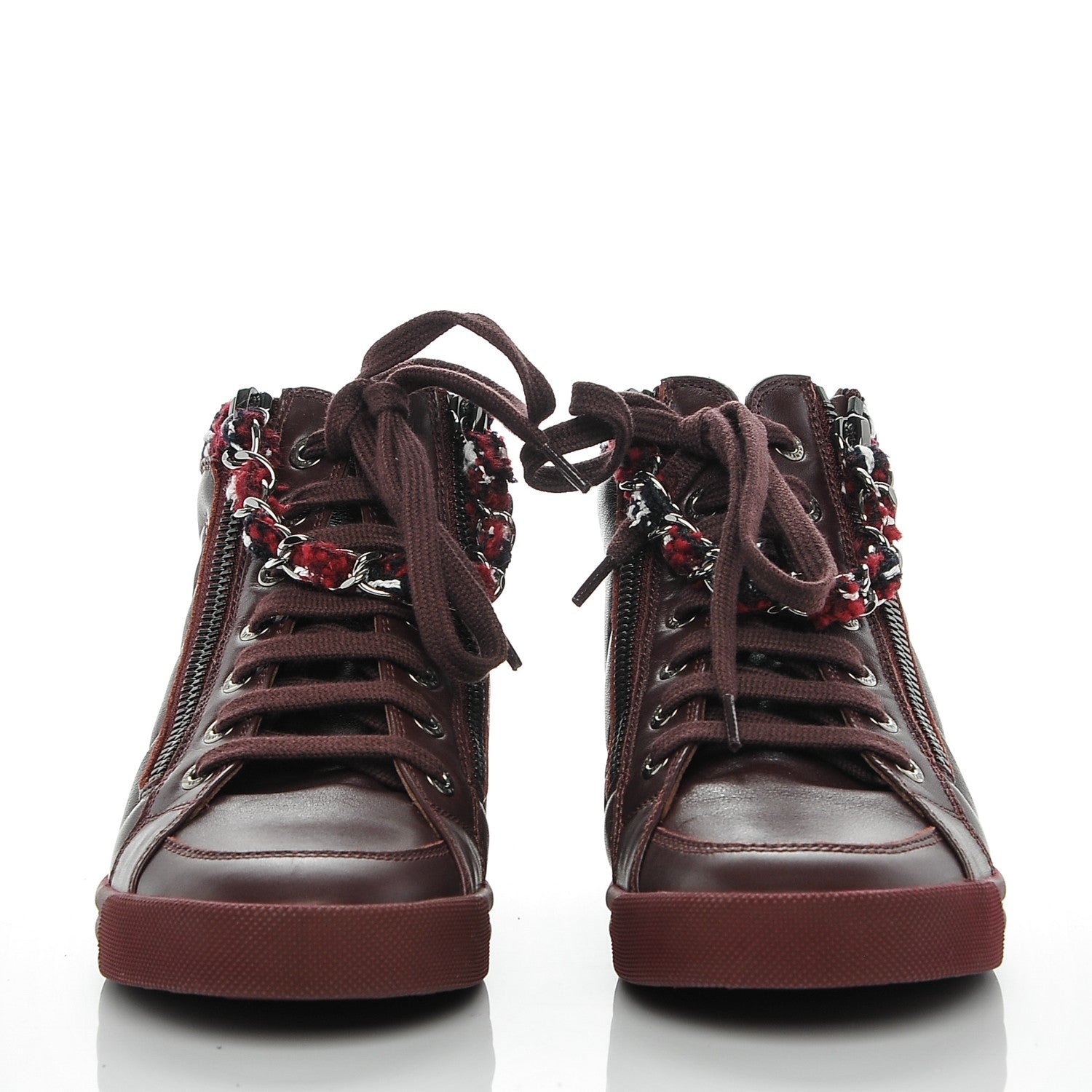 Chanel Lambskin Tweed Chain CC Sneakers 35 Burgundy Navy White 4 of 8