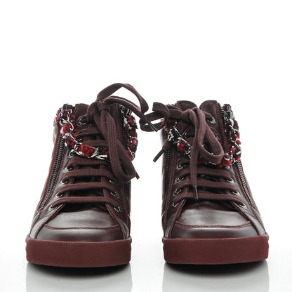 Chanel Lambskin Tweed Chain CC Sneakers 35 Burgundy Navy White 4 of 8