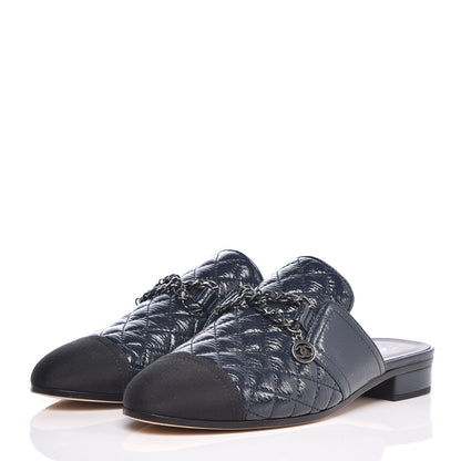 Chanel Glazed Deerskin Grosgrain Quilted Chain Mules 38 Blue Black 3 of 8