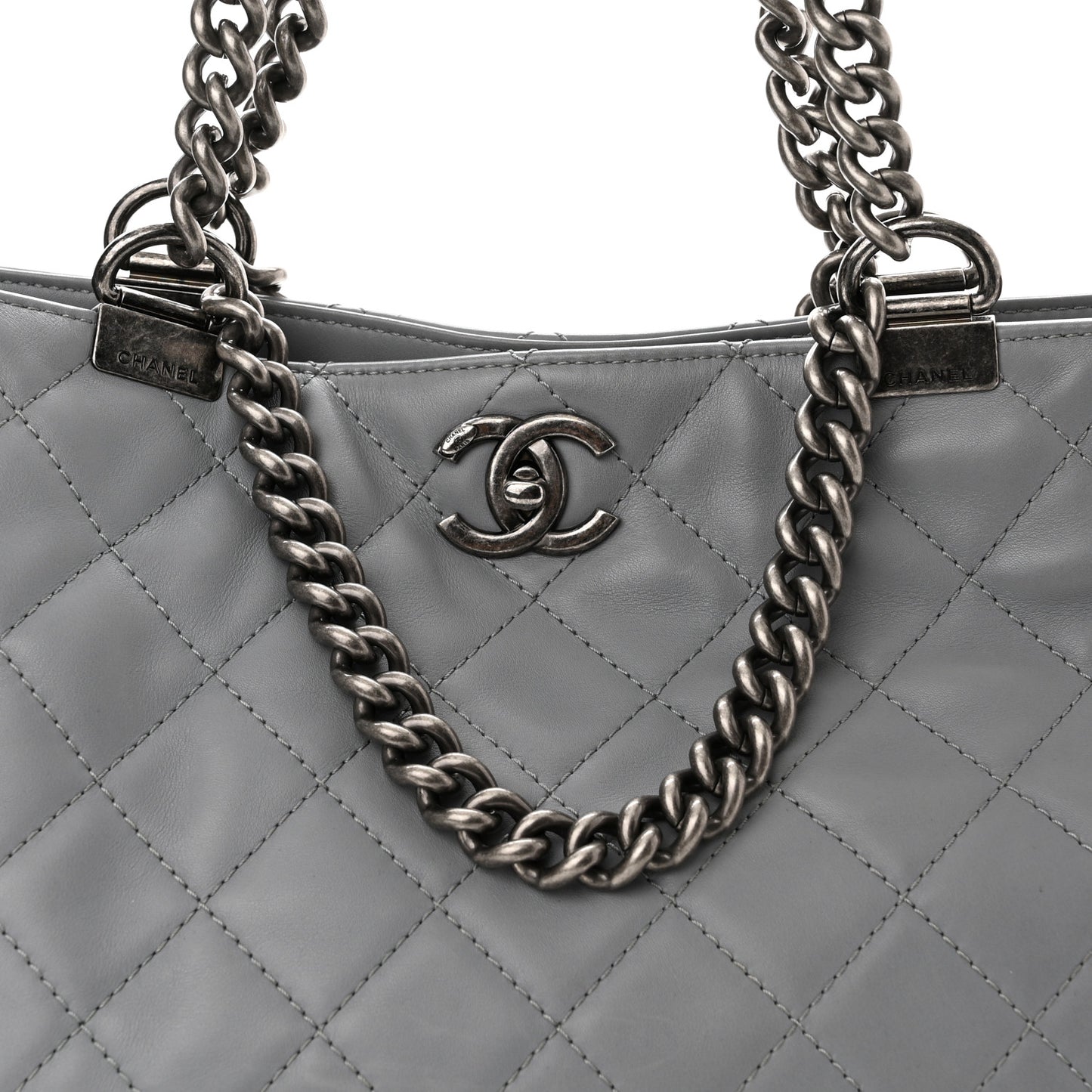Calfskin Quilted Small Shopping In Chains Tote Grey