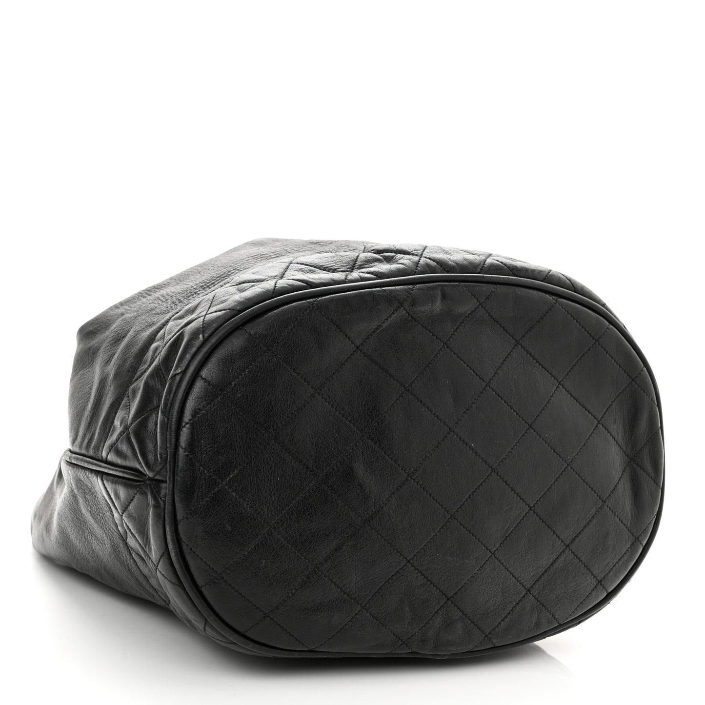 Grained Calfskin Lambskin Quilted Drawstring Bucket Bag Black