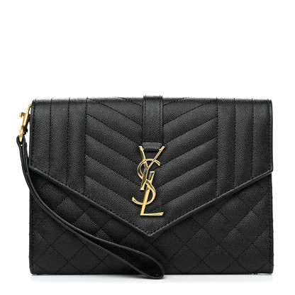 Saint Laurent Grain De Poudre Textured Mixed Matelasse Triquilt Monogram Clutch Black 1 of 9
