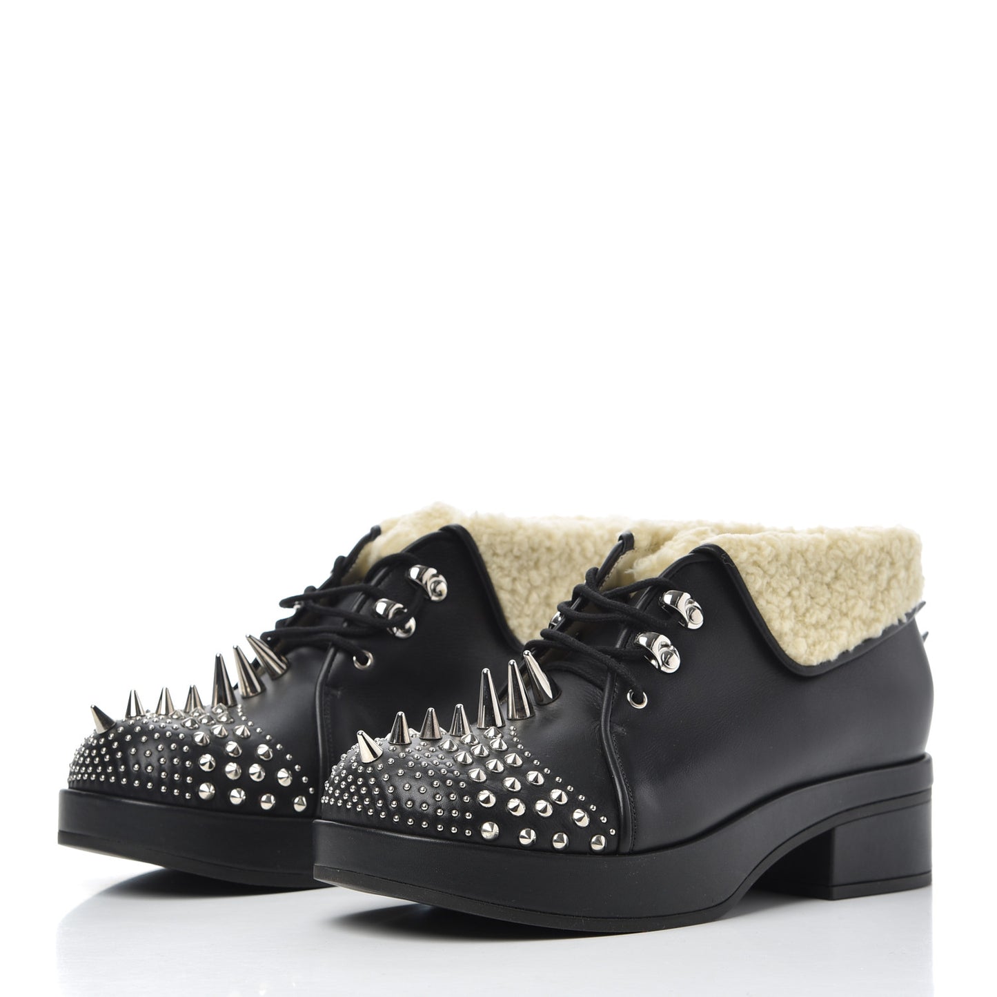 Calfskin Faux Shearling Studded Victor Ankle Boots 38 Black Mystic White