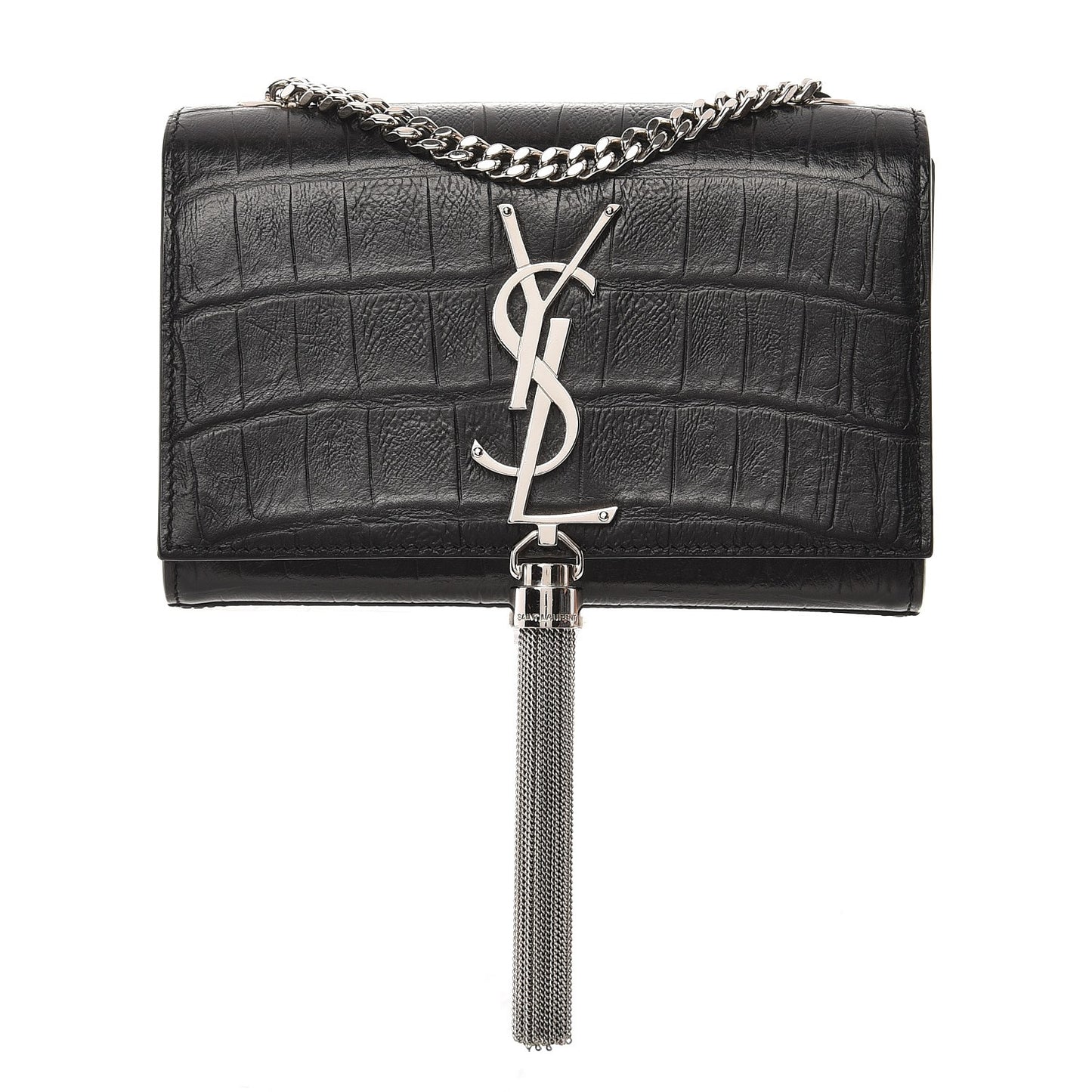 Calfskin Crocodile Embossed Small Classic Monogram Tassel Satchel Black