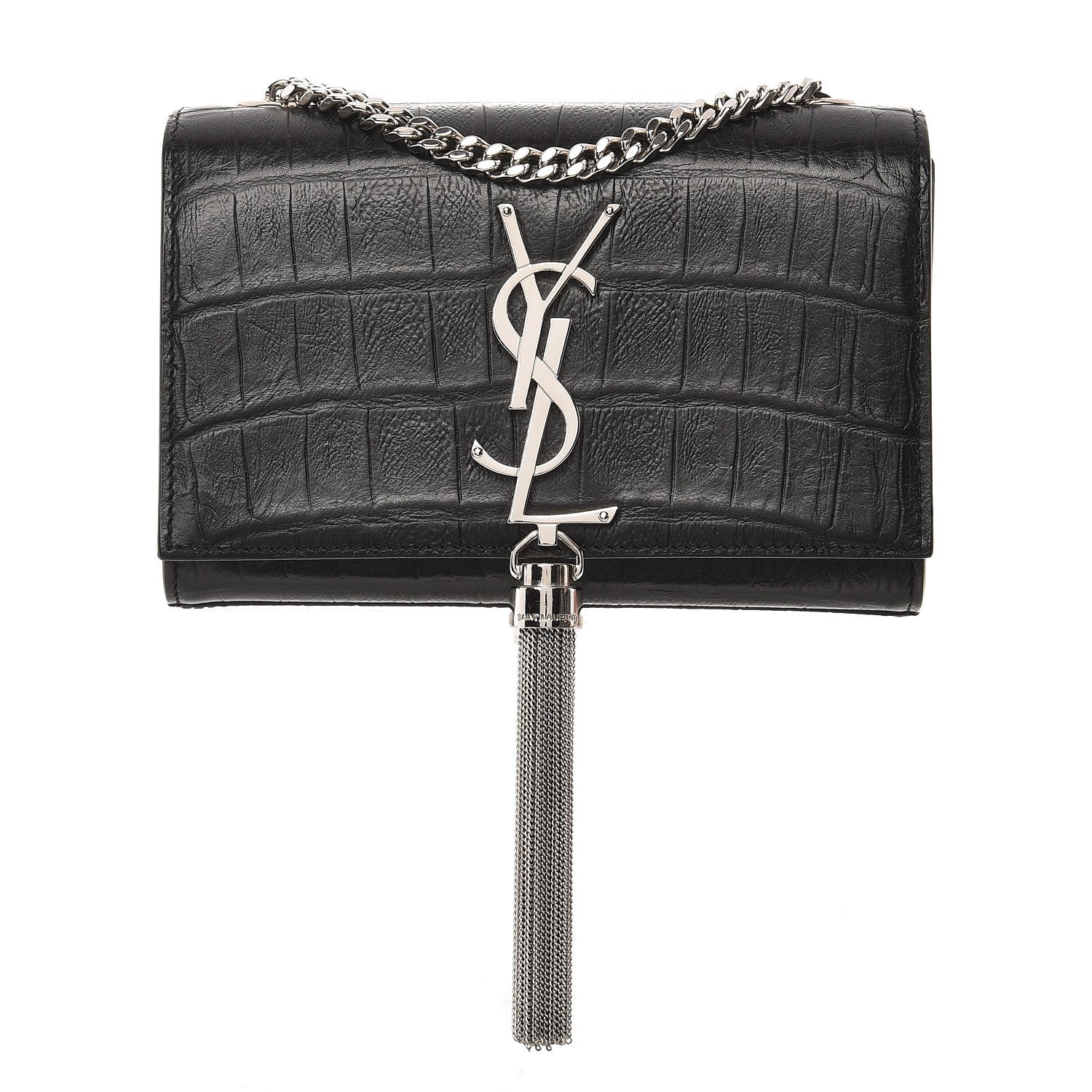 Saint Laurent Calfskin Crocodile Embossed Small Classic Monogram Tassel Satchel Black 1 of 6
