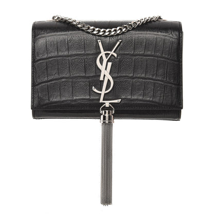 Saint Laurent Calfskin Crocodile Embossed Small Classic Monogram Tassel Satchel Black 1 of 6