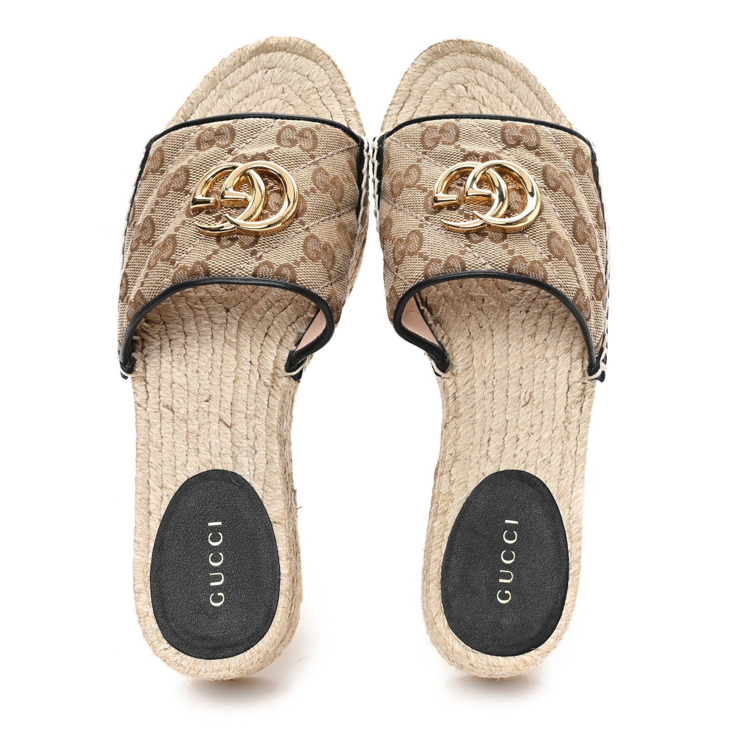 Gucci Monogram Matelasse Diagonal GG Marmont Platform Espadrille Slide Sandals 36 Beige Ebony Black 2 of 10
