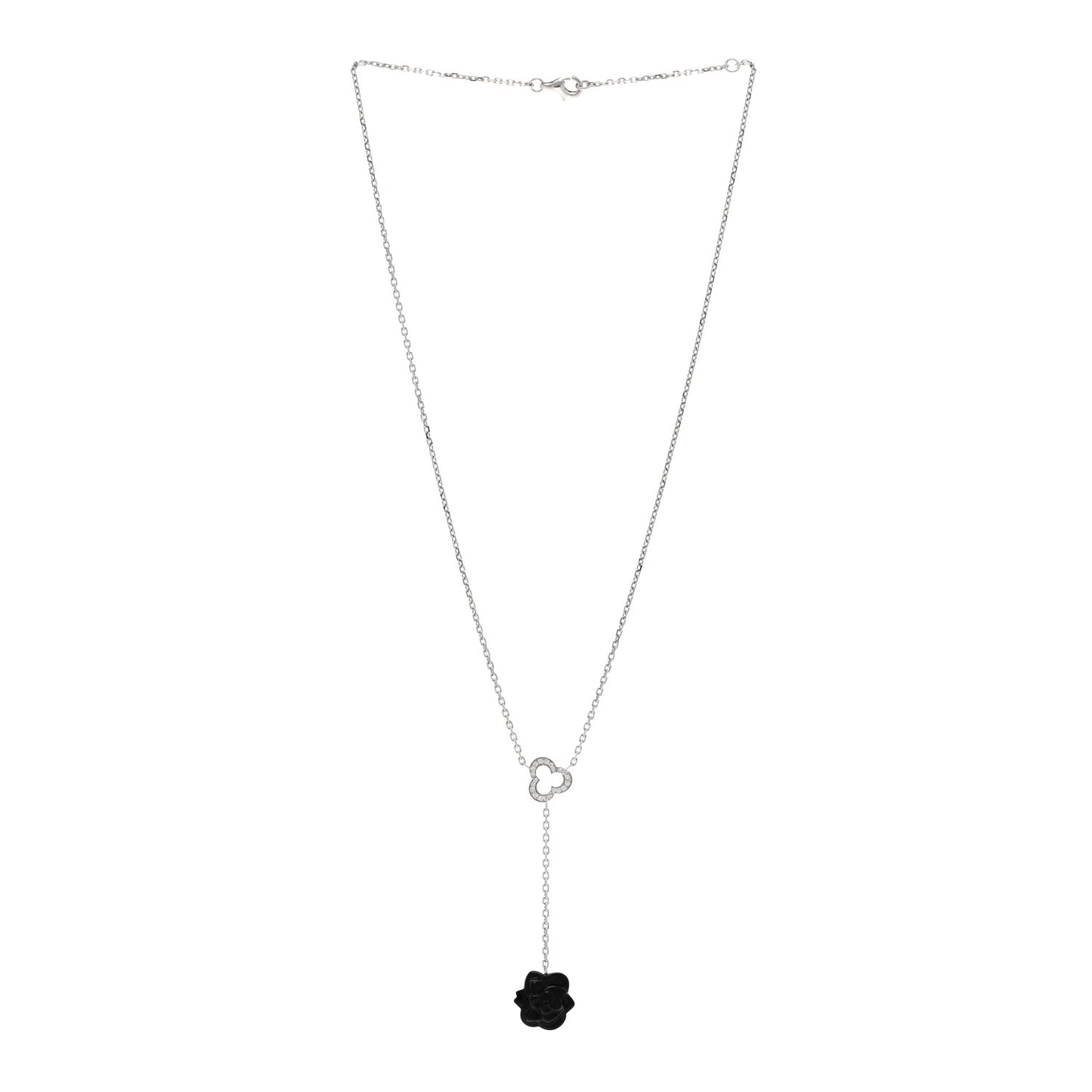 18K White Gold Diamond Black Onyx Camelia Sculpte Drop Pendant Necklace