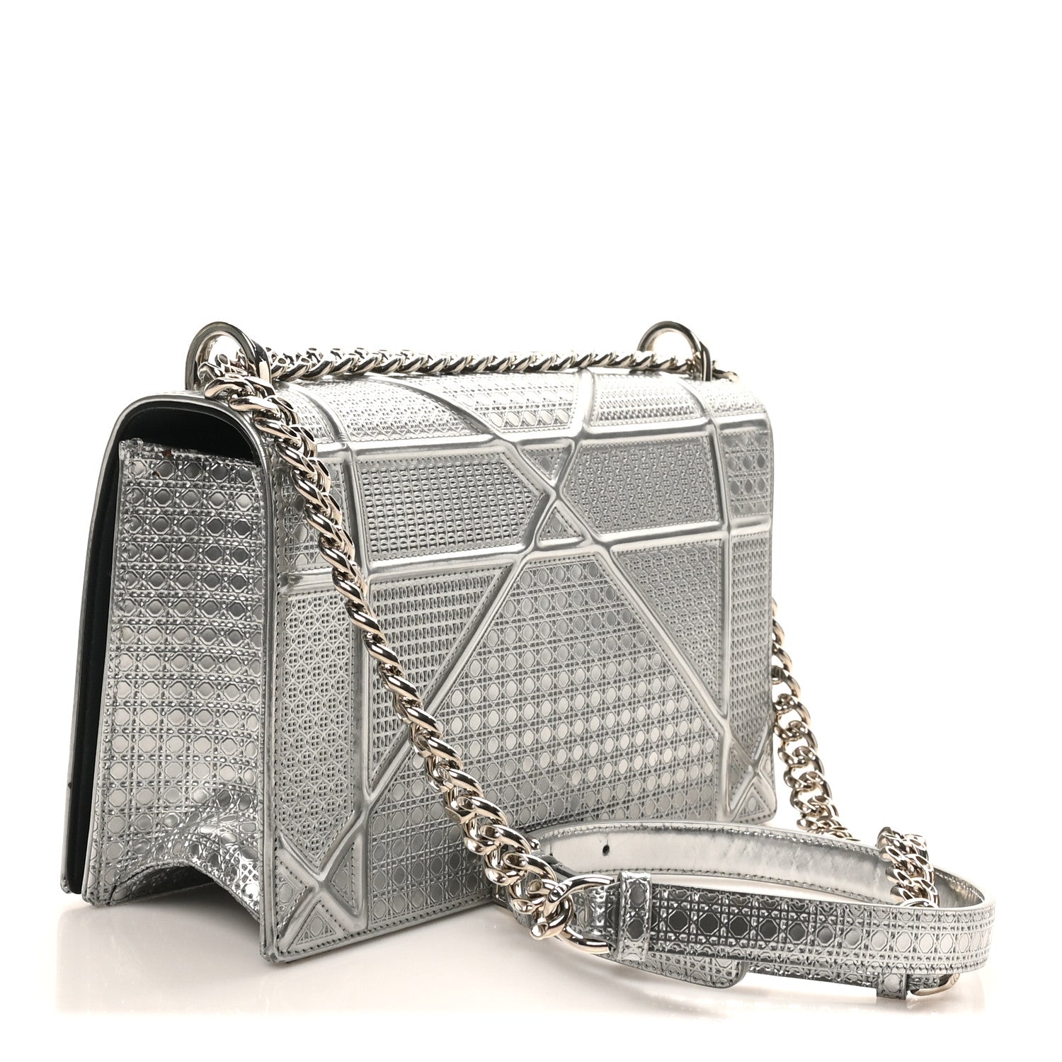 Christian Dior Metallic Patent Micro-Cannage Medium Diorama Flap Bag Silver 3 of 9