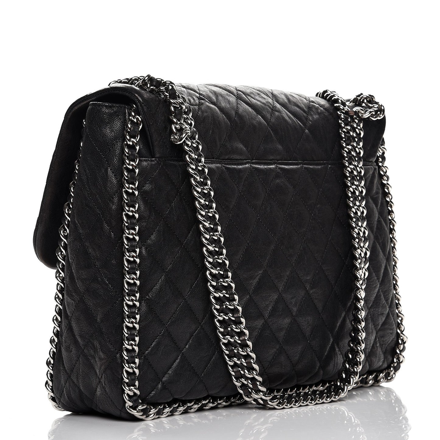 Washed Lambskin Quilted Maxi Chain Around Flap Black