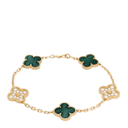 Van Cleef & Arpels 18K Yellow Gold Diamond Malachite 5 Motifs Vintage Alhambra Bracelet 1 of 5
