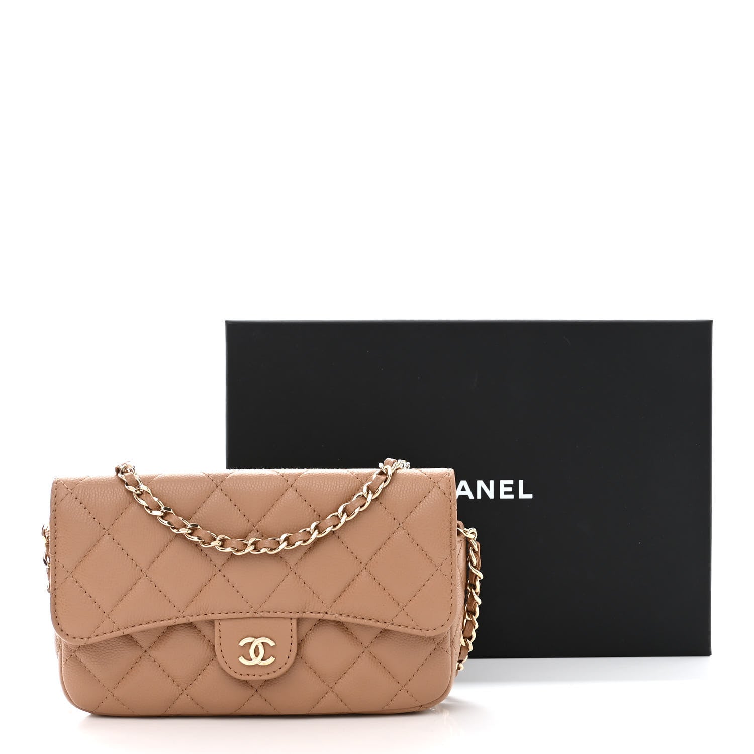Chanel Caviar Quilted Flap Phone Holder With Chain Beige 13 of 13