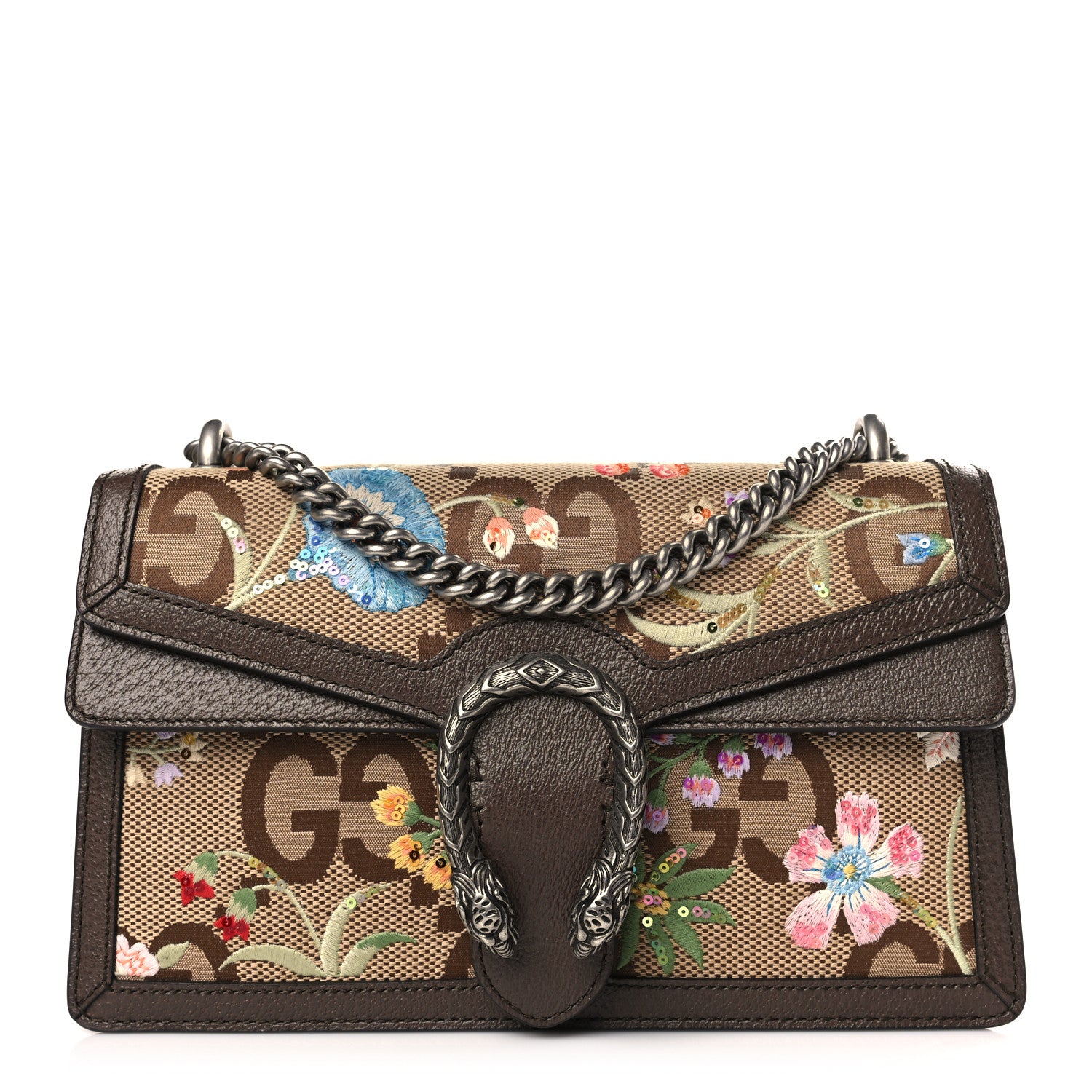 Gucci Monogram Jumbo GG Textured Dollar Calfskin Embroidered Small Dionysus Shoulder Bag Camel Ebony New Acero Multicolor 1 of 8