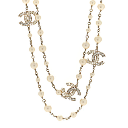 Chanel Crystal Pearl CC Long Necklace Light Gold 1 of 4