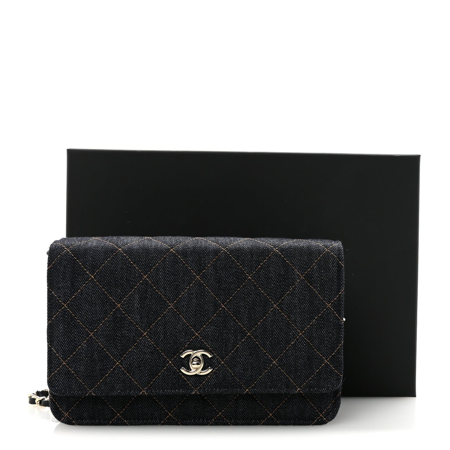 Denim Quilted CC Turnlock Wallet On Chain WOC Dark Blue Orange