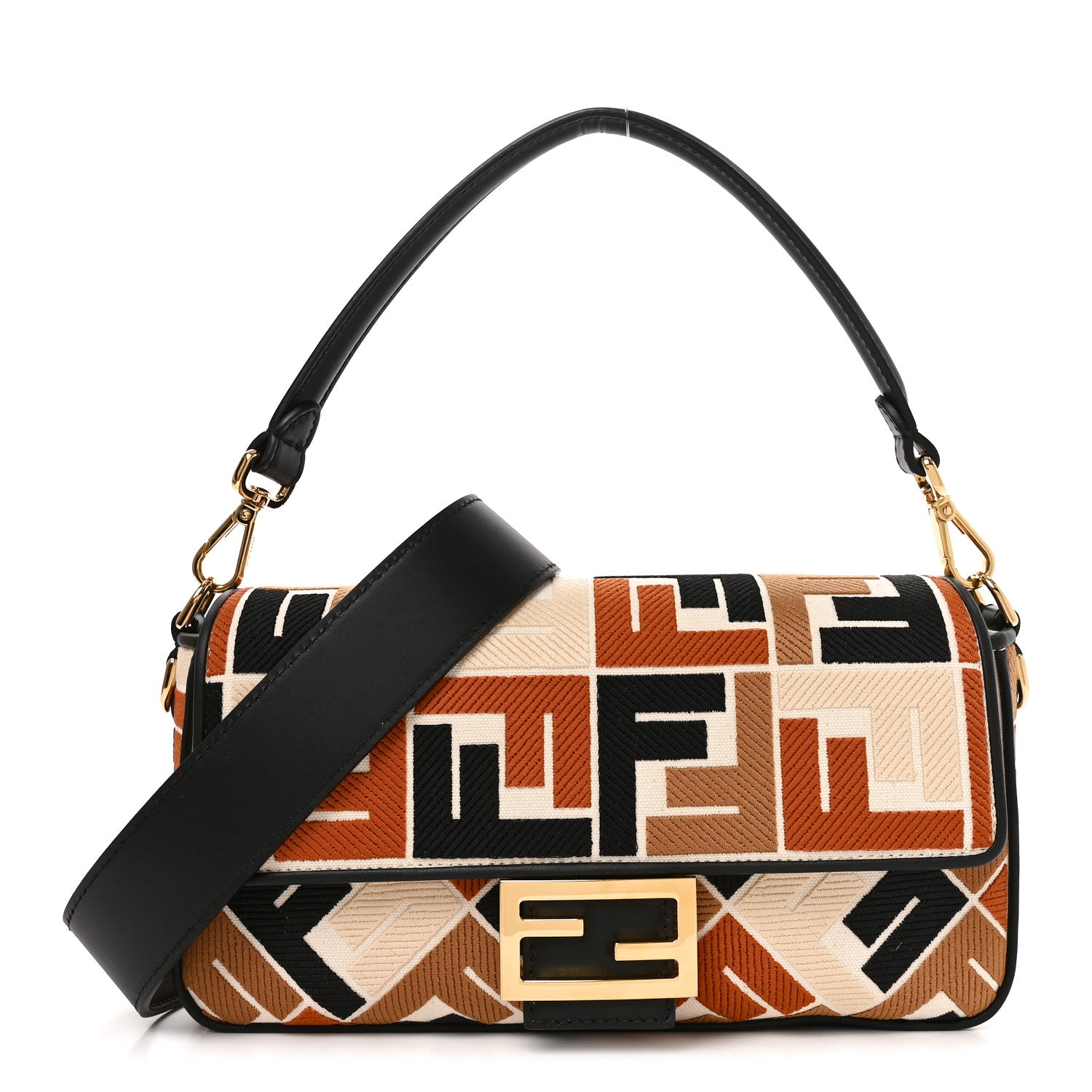 Fendi Canvas Vitello Seta FF Embroidered Baguette Brandy Black 1 of 10