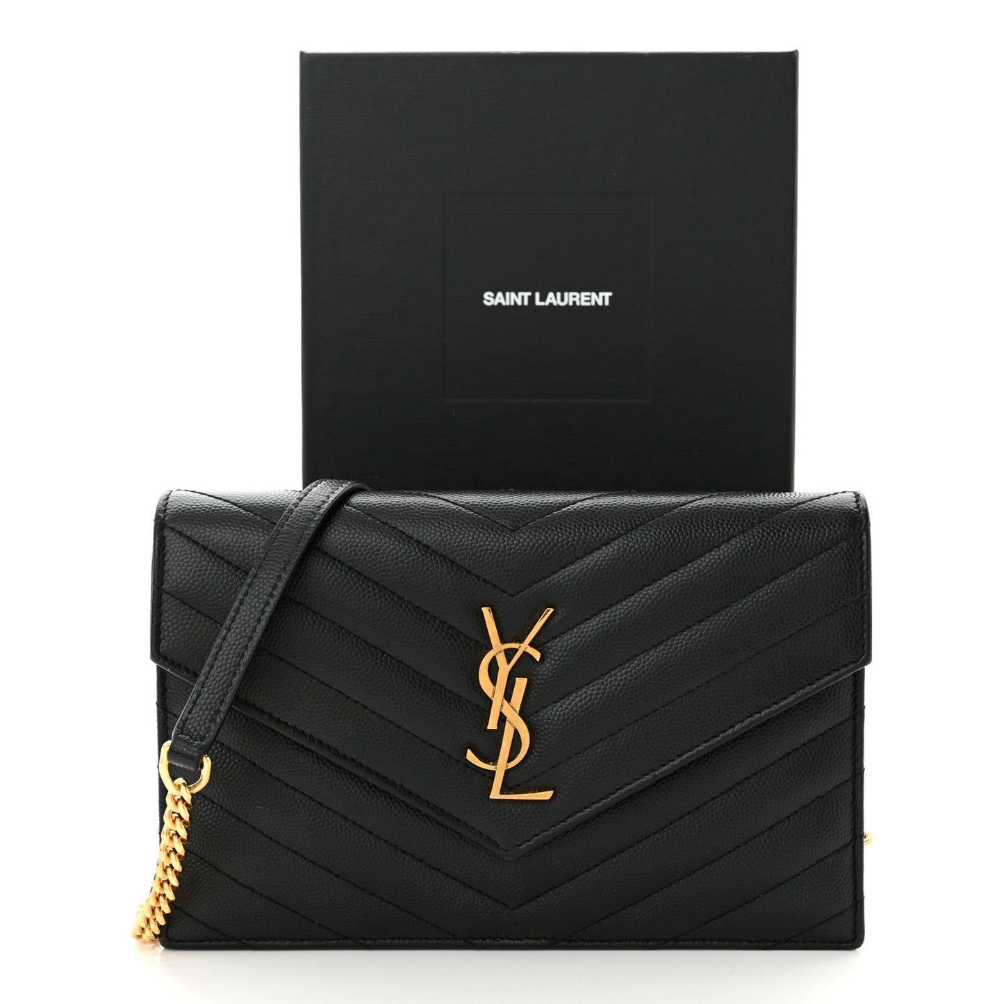 Grain De Poudre Matelasse Chevron Monogram Envelope Chain Wallet Black