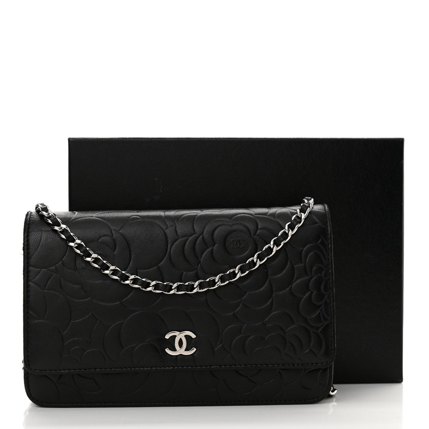 Lambskin Camellia Embossed Wallet on Chain WOC Black